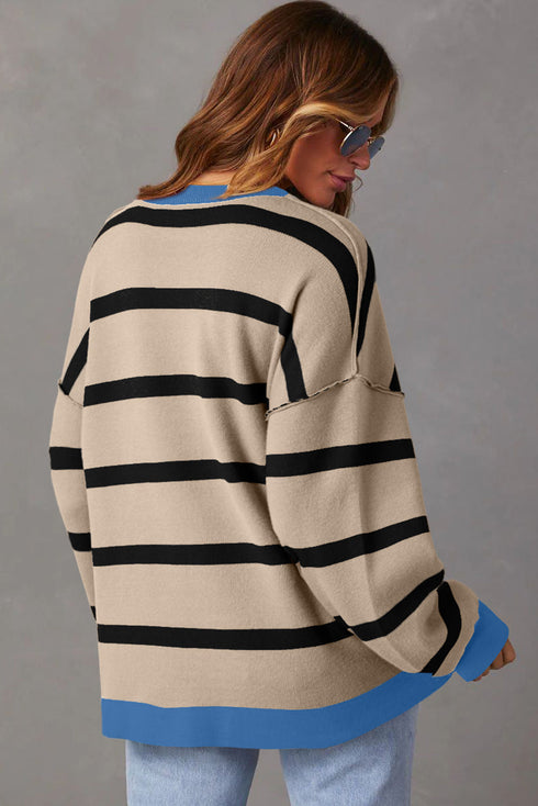 Colorblock Drop Shoulder V-Neck Button Front Cardigan Sweater